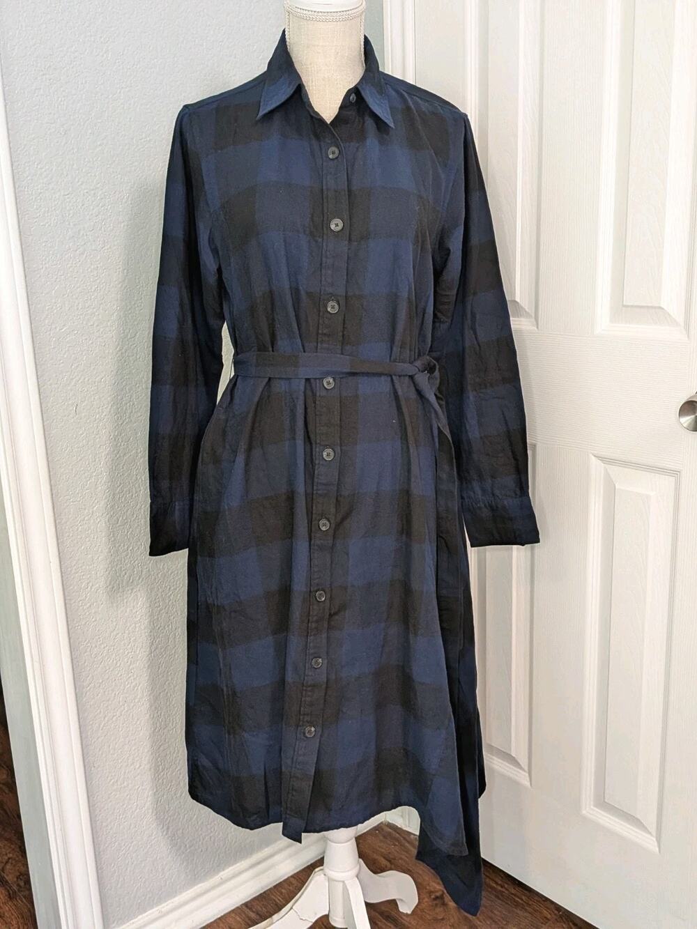 JW Anderson Uniqlo Flannel Asymmetric Hem Dress Size L Blue Black Plaid Designer